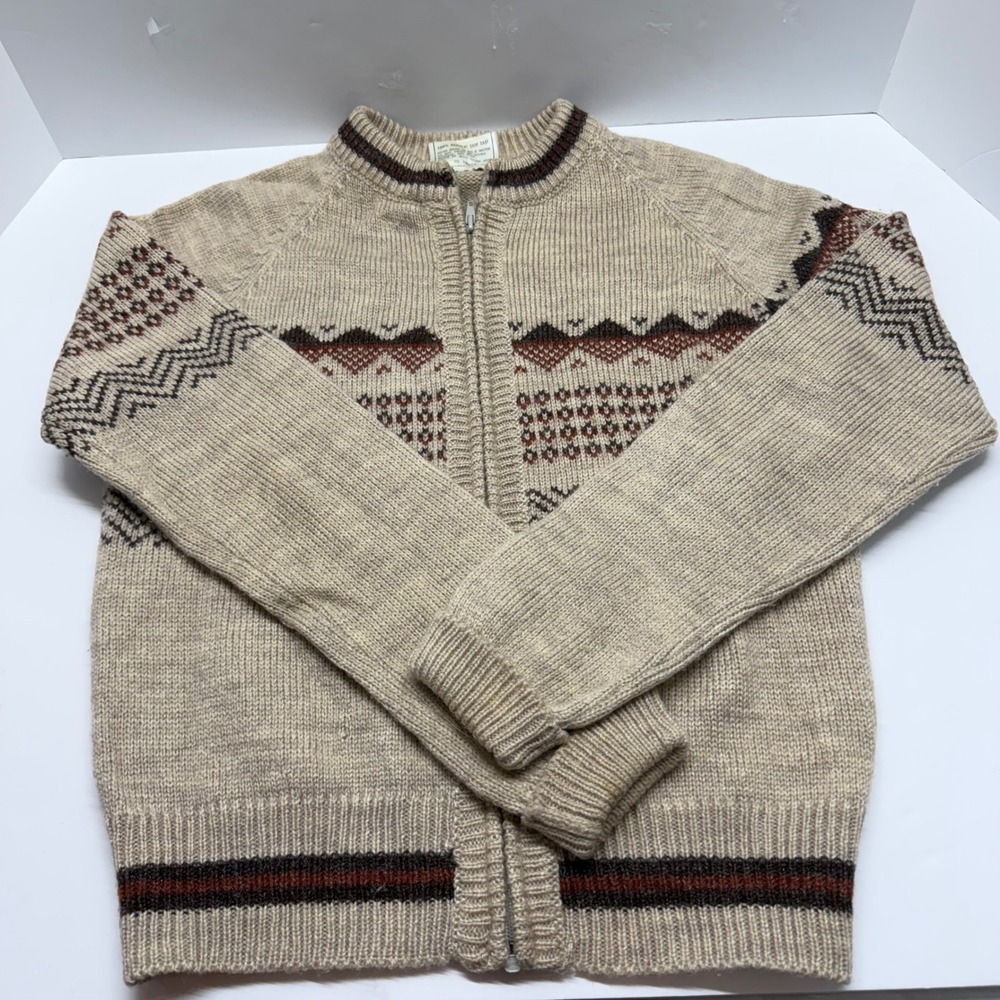 Vintage Ardee Fair Isle Full Zip Cardigan Sweater Tan Brown Geometric Knit